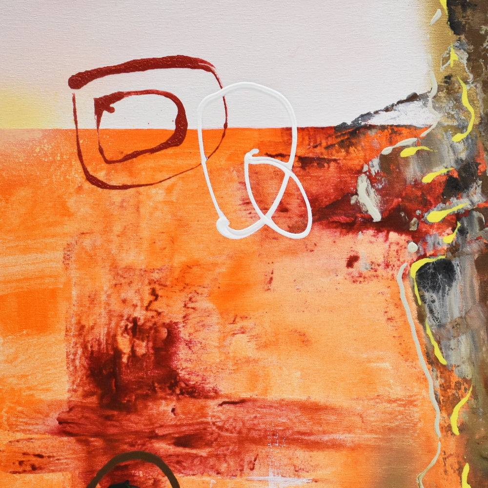 Detalles de la obra, sobre fondo de color naranja y rojo con dripping en rojo y blanco.