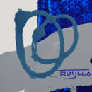 Manchas grises y azul de fondo con chorreo en azul cerúleo. Detalle de la firma.