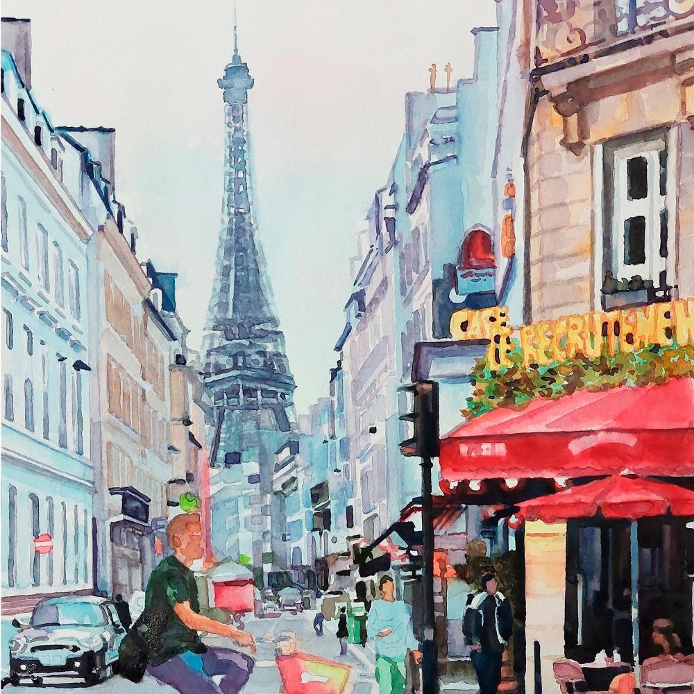 Se definen detalles al fondo y en los segundos planos como el toldo en color rojo del café parisino